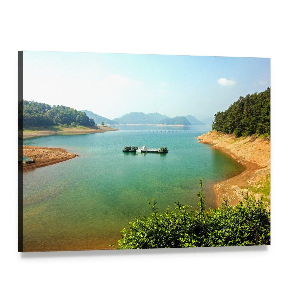 Daecheongho Lake Shoreline with Barges Canvas Wall Art, single panel gallery wrapped canvas, angled product view