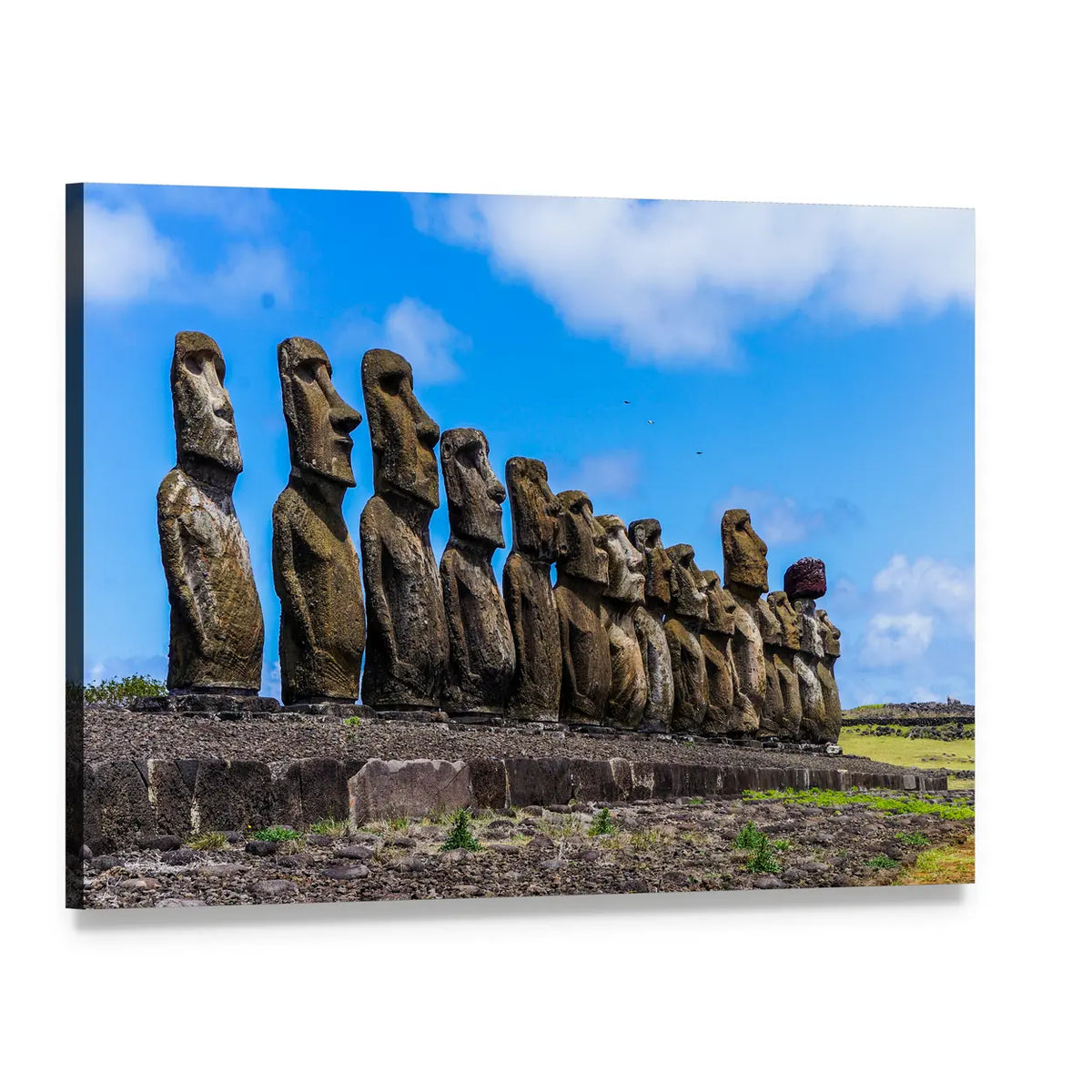 Row of Moai on Easter Island Canvas Wall Art, single panel gallery wrapped canvas, angled product view