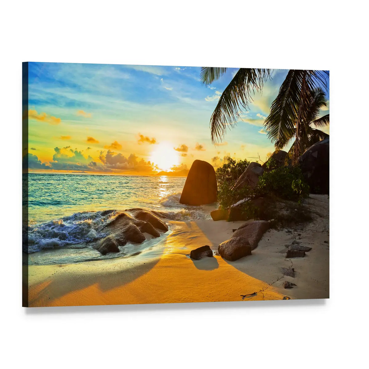 Tropical Beach at Sunset Canvas Wall Art, single panel gallery wrapped canvas, angled product view