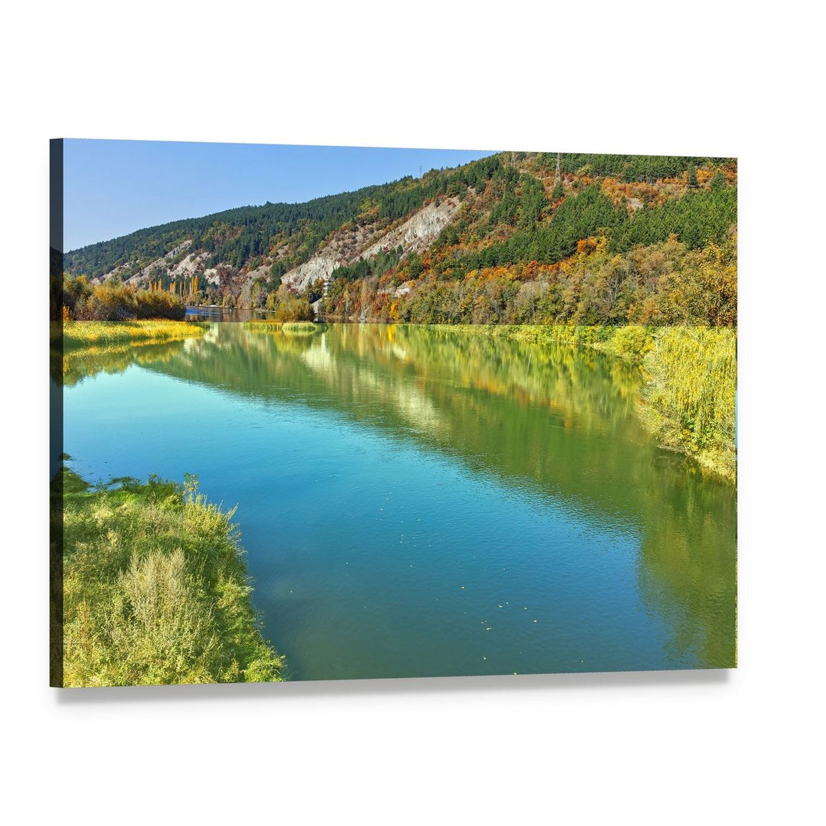 Autumn River Reflections with Rocky Hills Canvas Wall Art, single panel gallery wrapped canvas, angled product view