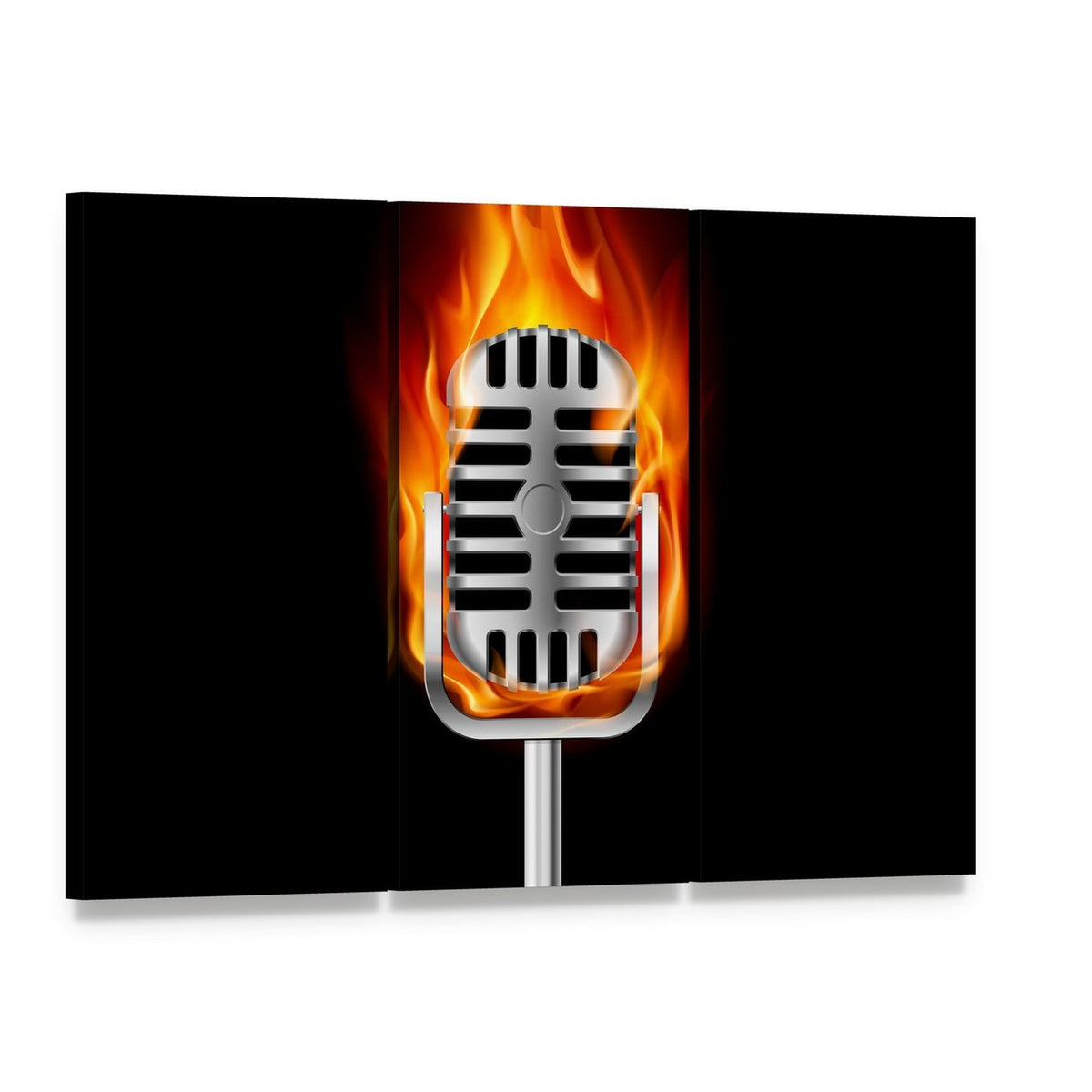 Vintage Microphone in Flames Canvas Wall Art, 3 panel 3 Horizontal layout gallery wrapped canvas set, angled product view
