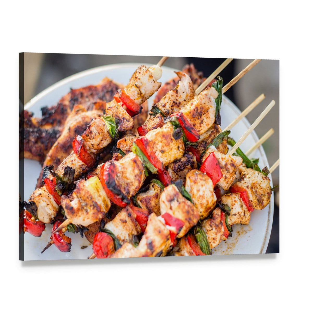Barbeque Chicken Kebabs with Grilled Vegetables Canvas Wall Art, single panel gallery wrapped canvas, angled product view