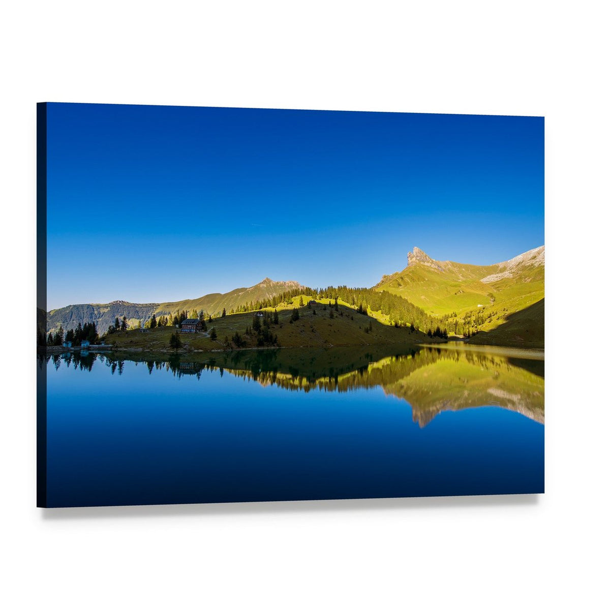 Forest and Mountains Reflected in Lake Canvas Wall Art, single panel gallery wrapped canvas, angled product view