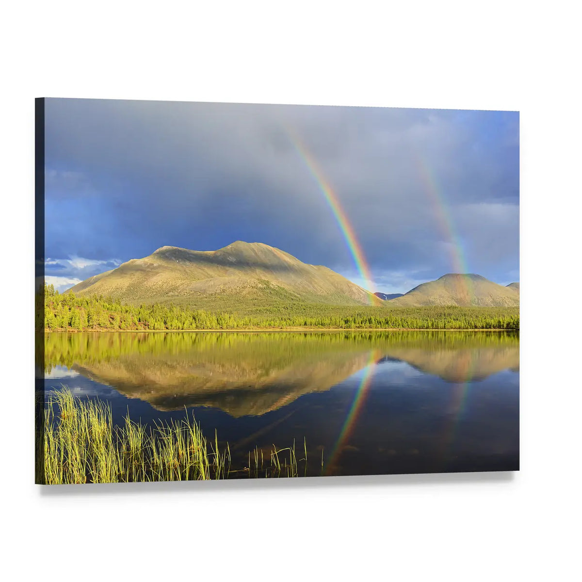 Double Rainbow Over Lake and Mountains Canvas Wall Art, single panel gallery wrapped canvas, angled product view