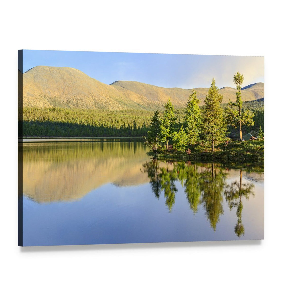 Sunlit Mountain Lake Canvas Wall Art, single panel gallery wrapped canvas, angled product view