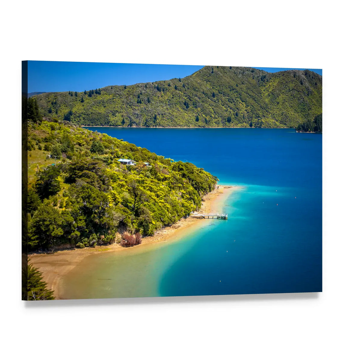 Green Forest and Turquoise Shoreline Canvas Wall Art, single panel gallery wrapped canvas, angled product view
