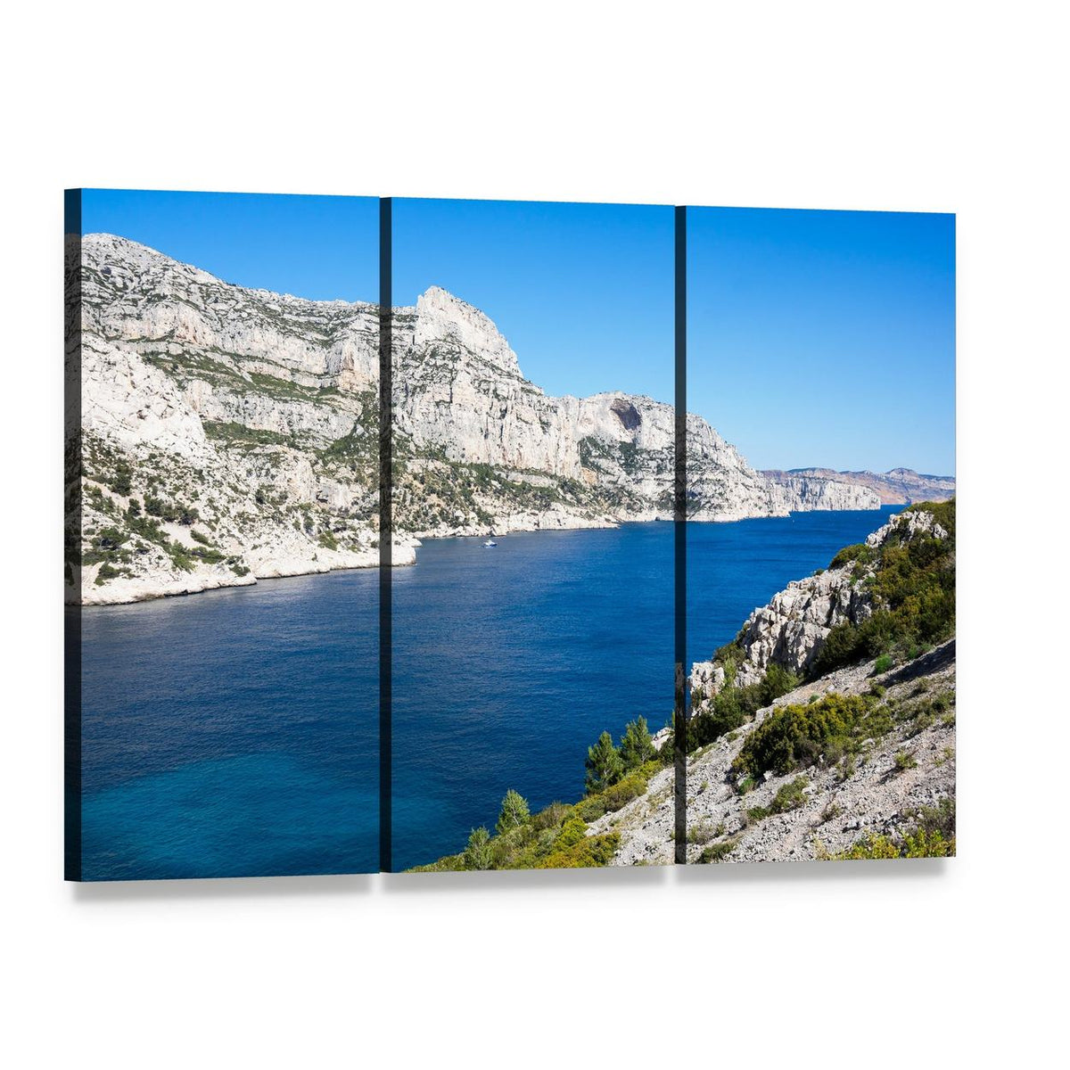 Calanque De Morgiou Coastal Cliffs Canvas Wall Art, 3 panel 3 Horizontal layout gallery wrapped canvas set, angled product view