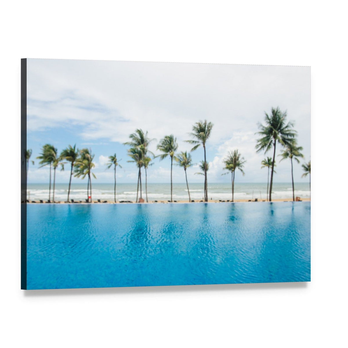 Tropical Beach with Palm Trees and Infinity Pool Canvas Wall Art, single panel gallery wrapped canvas, angled product view