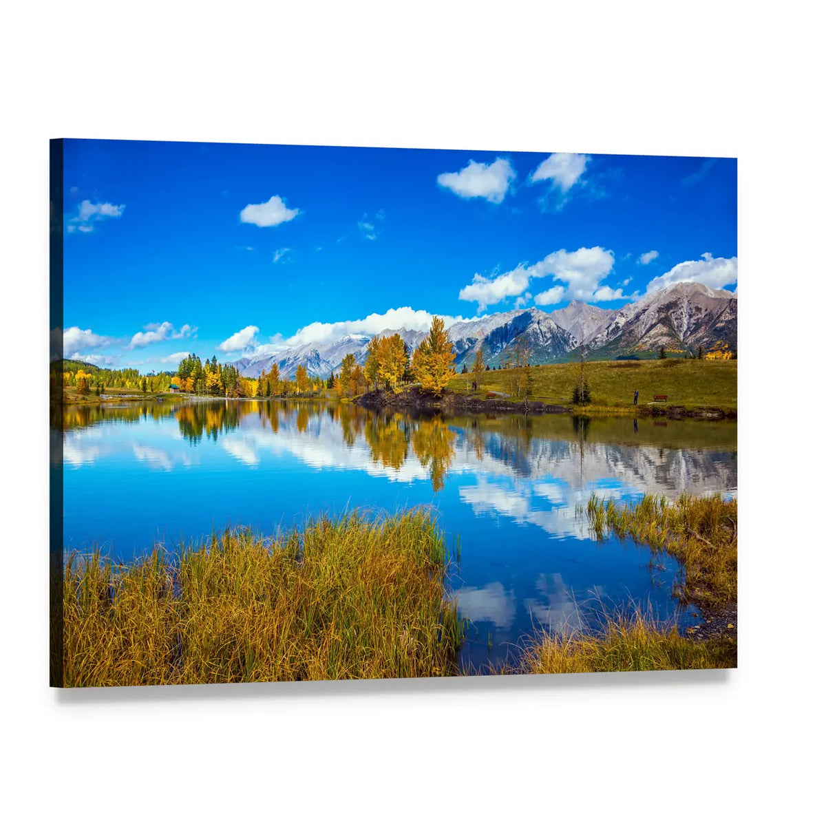 Canmore Autumn Lake Reflection Canvas Wall Art, single panel gallery wrapped canvas, angled product view
