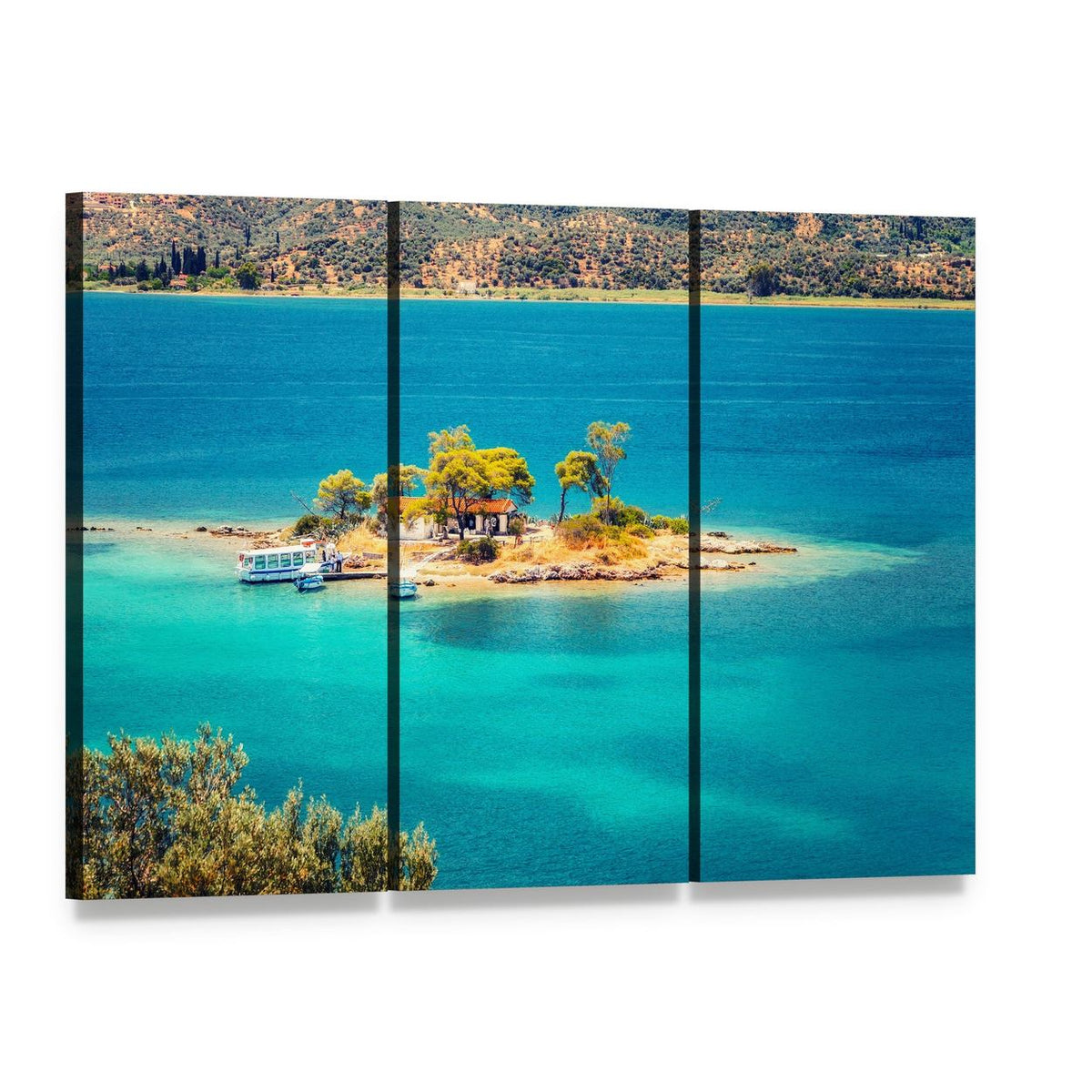 Aegean Island with House and Boats Canvas Wall Art, 3 panel 3 Horizontal layout gallery wrapped canvas set, angled product view