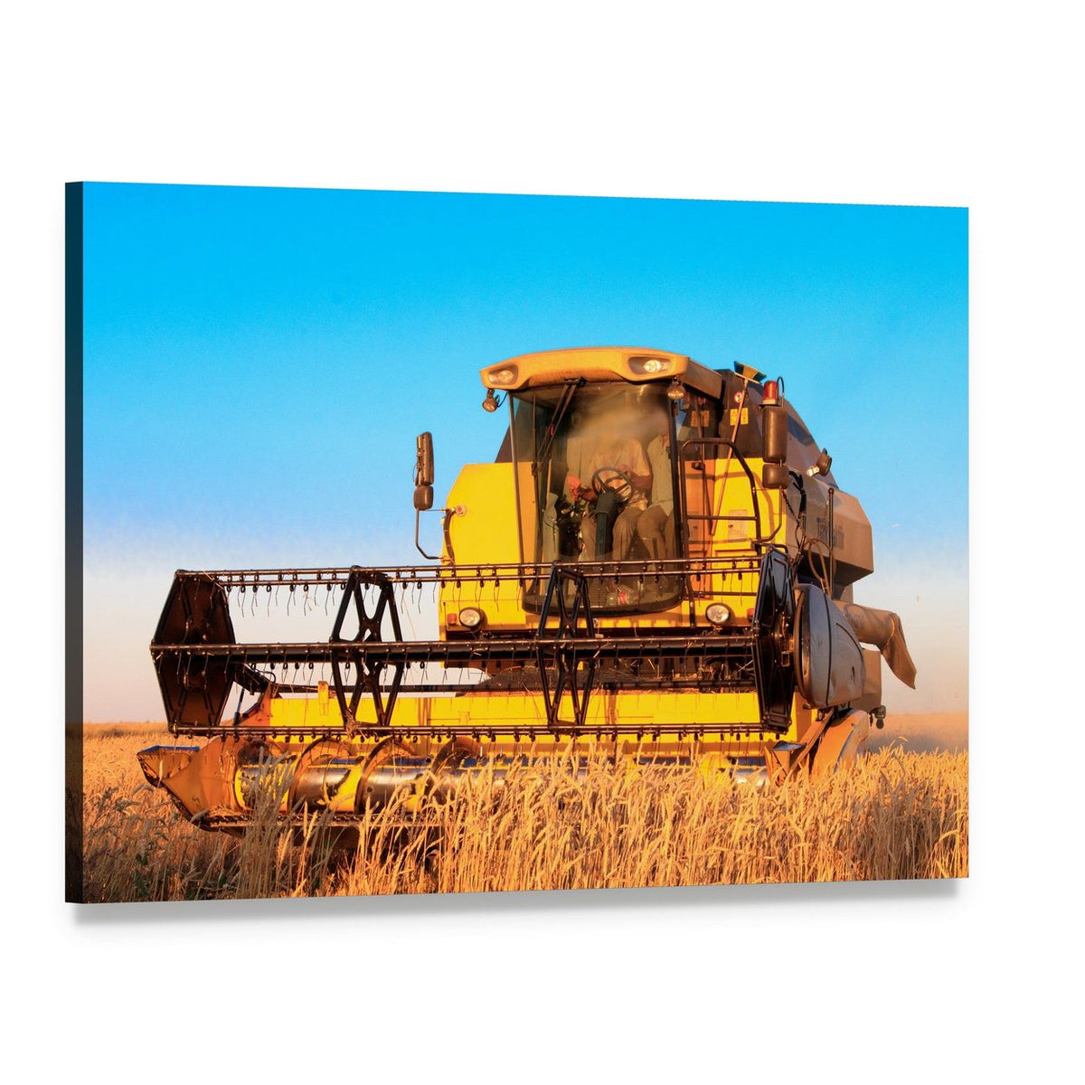 Combine Harvester in Wheat Field Canvas Wall Art, single panel gallery wrapped canvas, angled product view