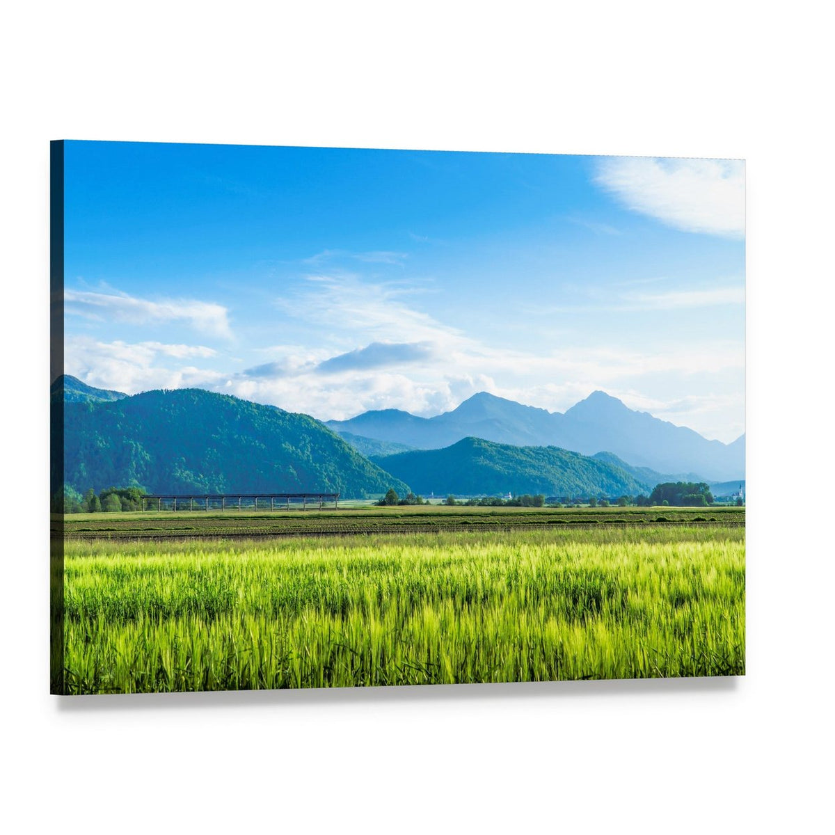 Lush Green Field and Rolling Mountains Canvas Wall Art, single panel gallery wrapped canvas, angled product view