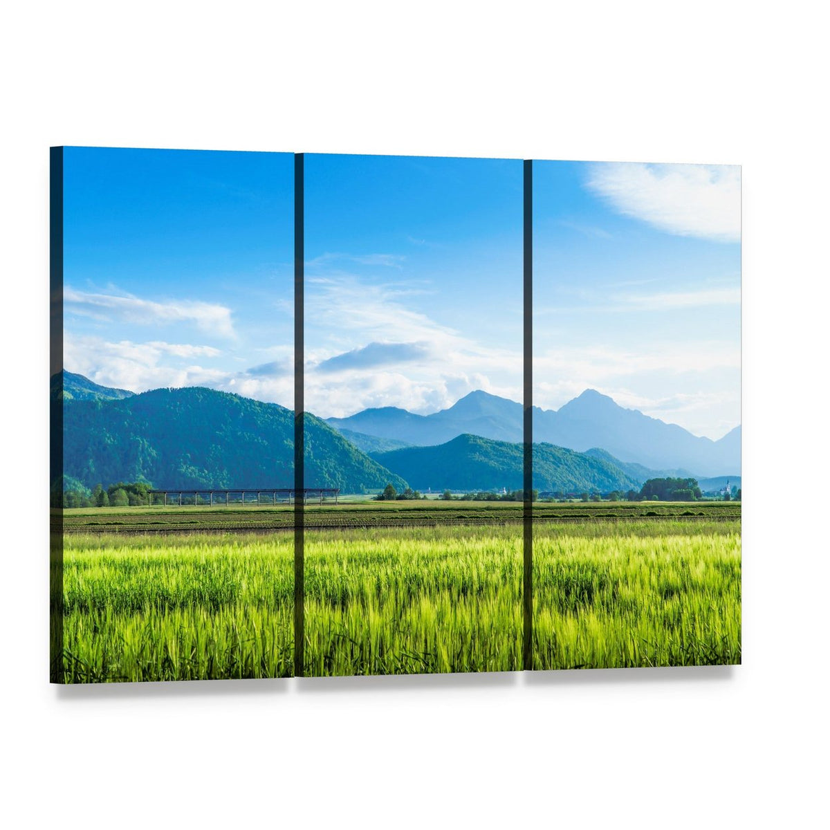 Lush Green Field and Rolling Mountains Canvas Wall Art, 3 panel 3 Horizontal layout gallery wrapped canvas set, angled product view