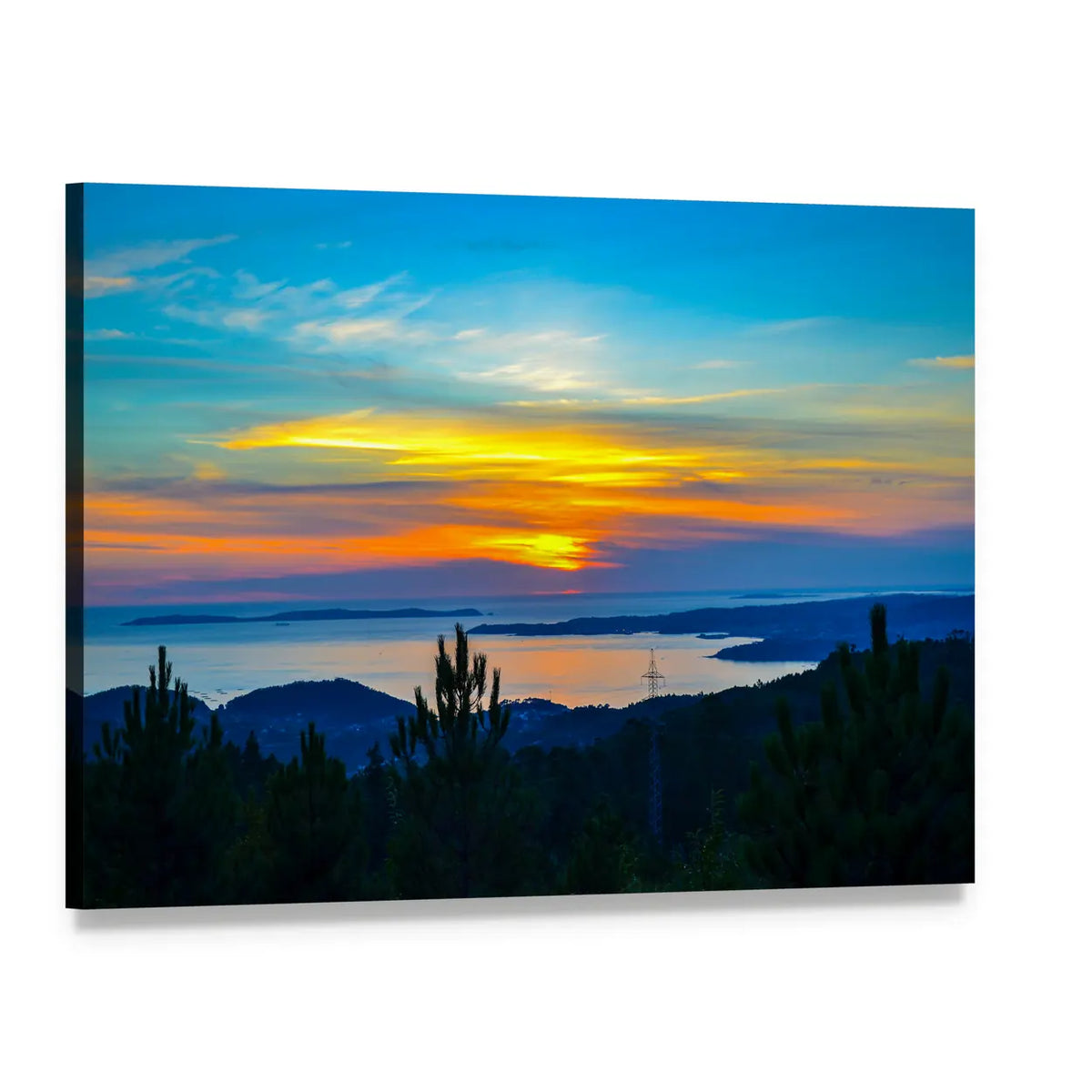 Coastal Sunset with Pine Silhouettes Canvas Wall Art, single panel gallery wrapped canvas, angled product view