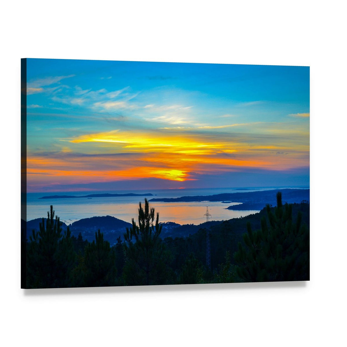Sunset Over Ocean with Silhouetted Trees Canvas Wall Art, single panel gallery wrapped canvas, angled product view