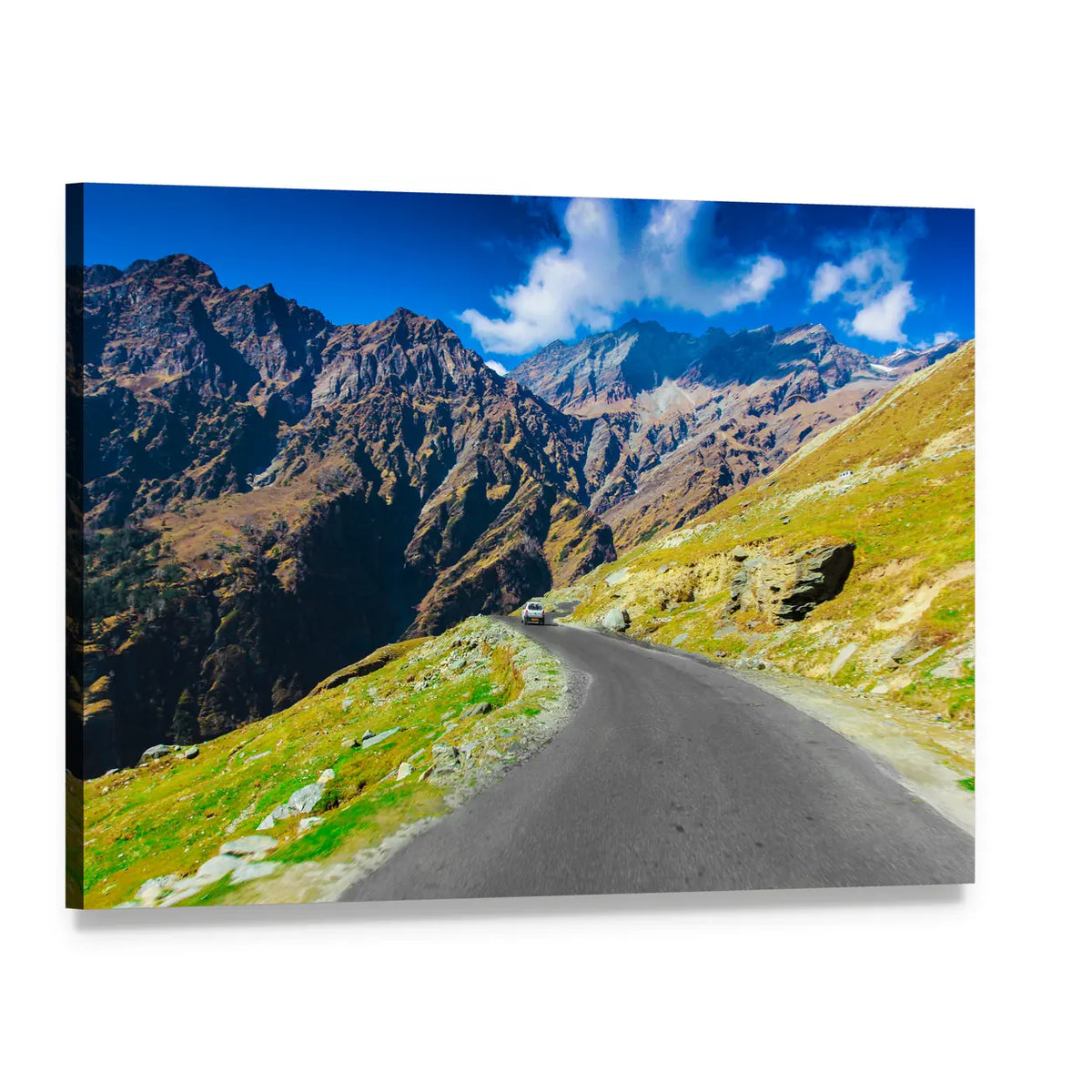 Winding Mountain Pass with Solitary Car Canvas Wall Art, single panel gallery wrapped canvas, angled product view