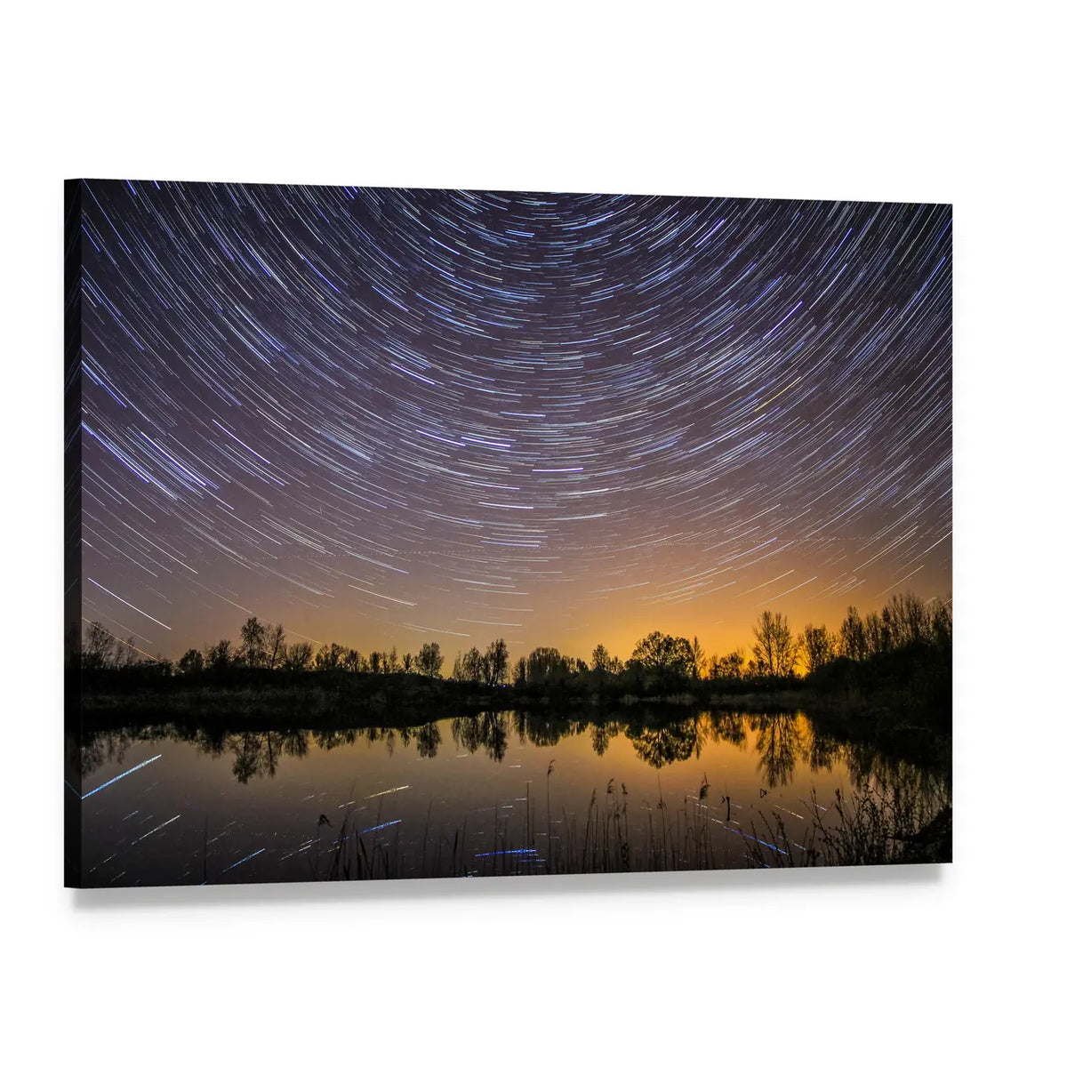 Star Trails Over Reflective Lake Canvas Wall Art, single panel gallery wrapped canvas, angled product view