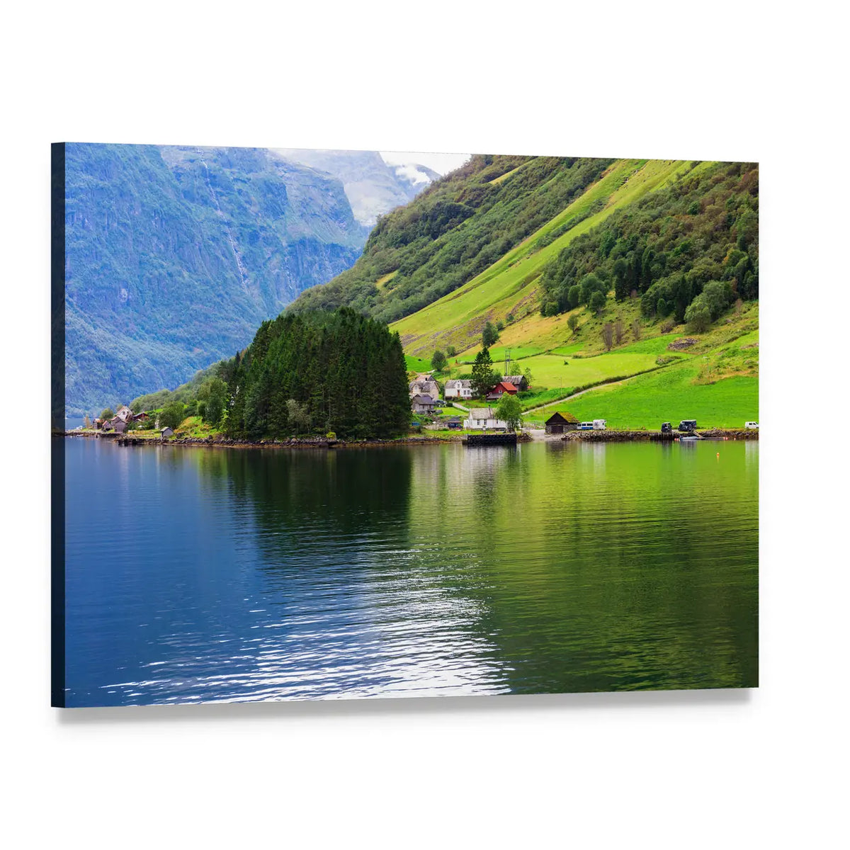 Small Town Near Lake Canvas Wall Art, single panel gallery wrapped canvas, angled product view