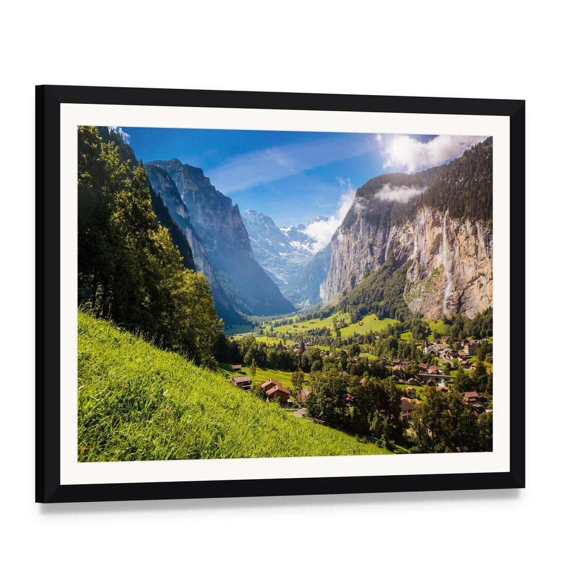 Vivid Alpine Village View Canvas Wall Art, framed print with white mat and black frame, angled product view
