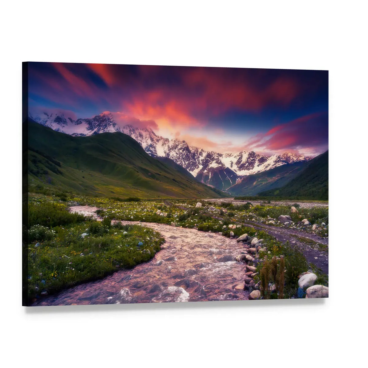 Winding River Through Snow-capped Valley Canvas Wall Art, single panel gallery wrapped canvas, angled product view
