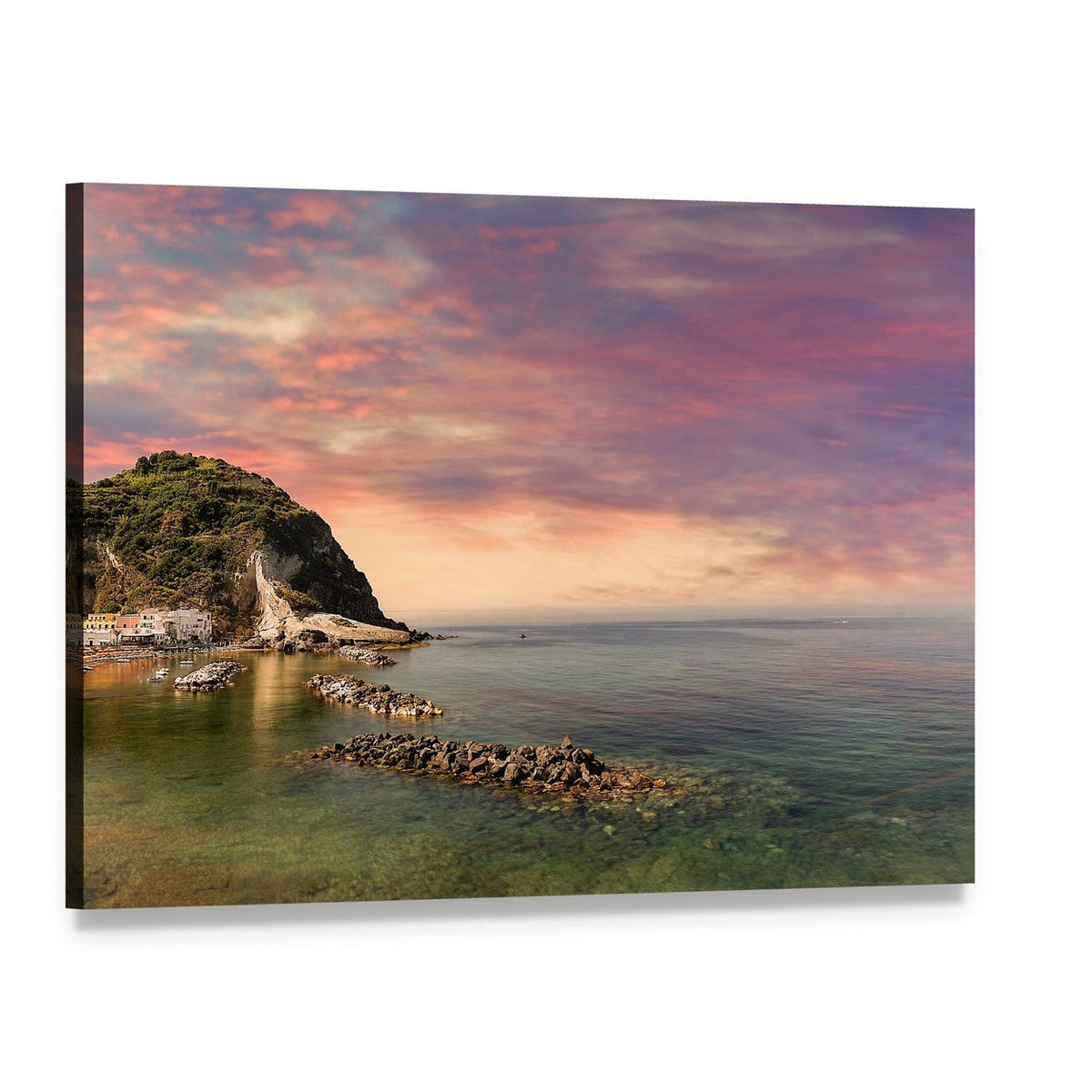 Ischia Island Sunset Coastline Canvas Wall Art, single panel gallery wrapped canvas, angled product view
