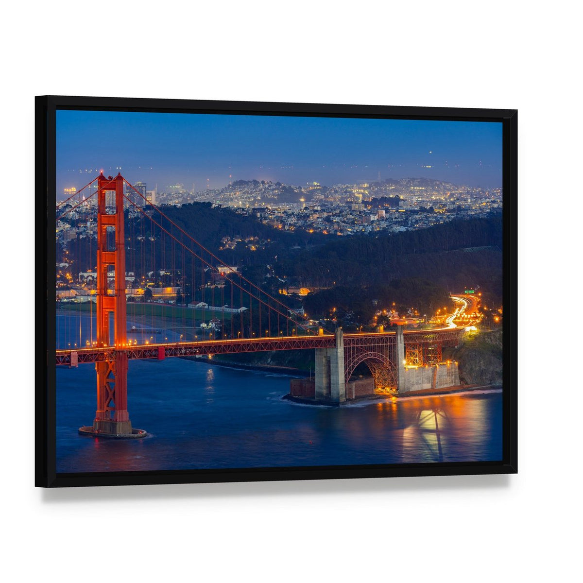 Golden Gate Bridge Night Skyline San Francisco Canvas Wall Art, framed canvas in a black floater frame, angled product view