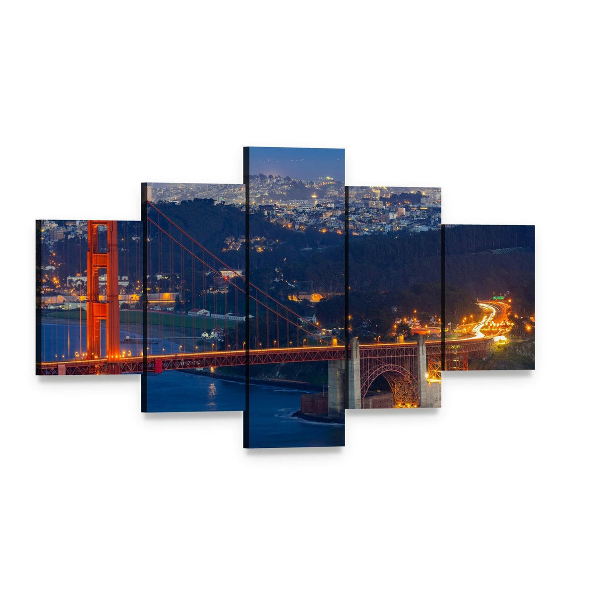 Golden Gate Bridge Night Skyline San Francisco Canvas Wall Art, 5 panel 5 Star layout gallery wrapped canvas set, angled product view