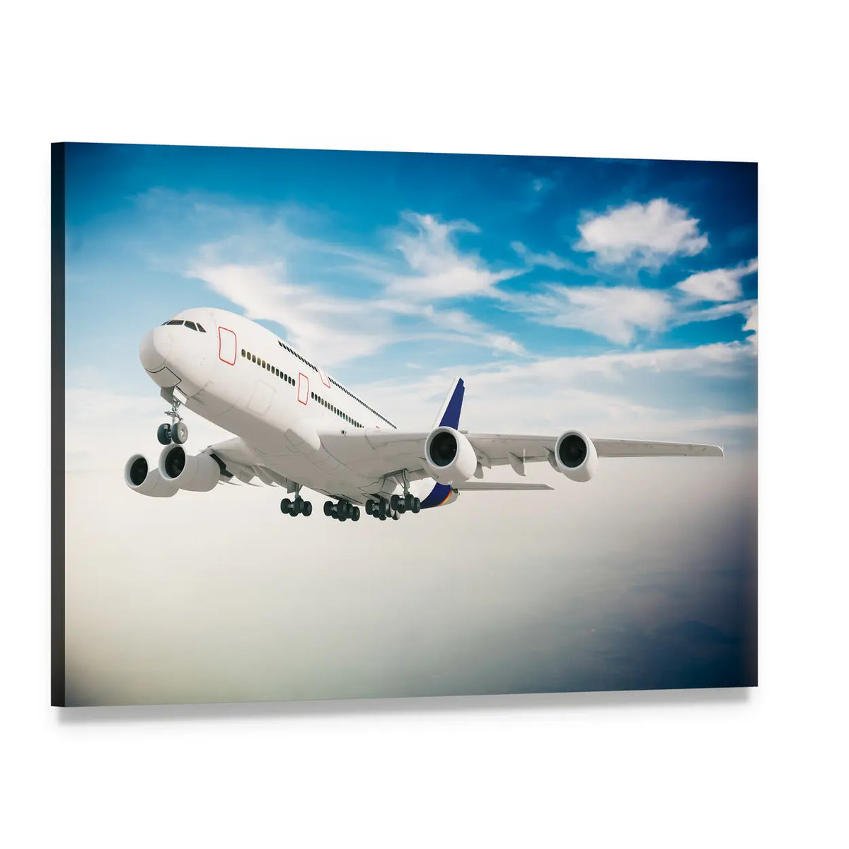 Airbus A380 Against Blue Sky Canvas Wall Art, single panel gallery wrapped canvas, angled product view
