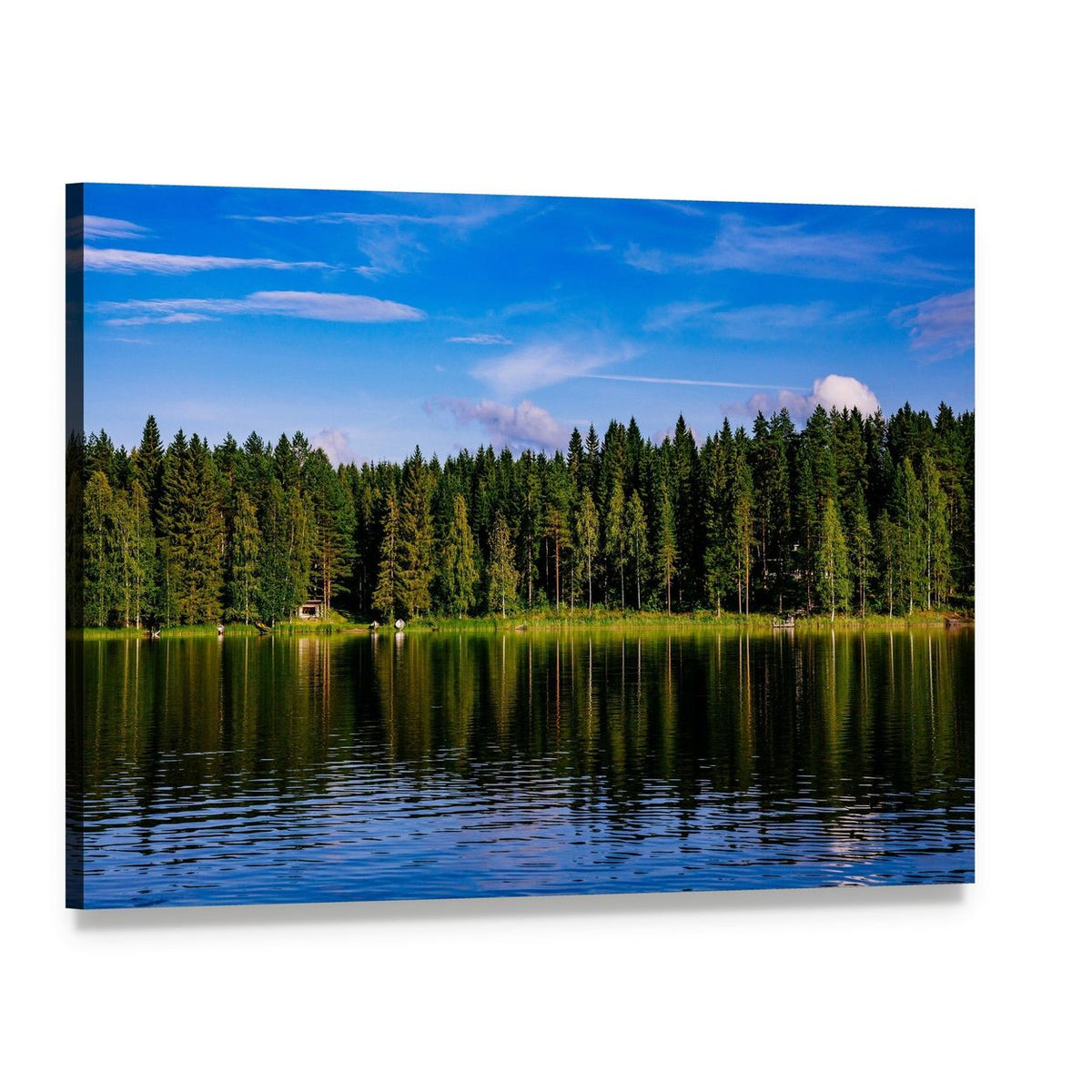 Blue Lake and Shore Cabin Canvas Wall Art, single panel gallery wrapped canvas, angled product view