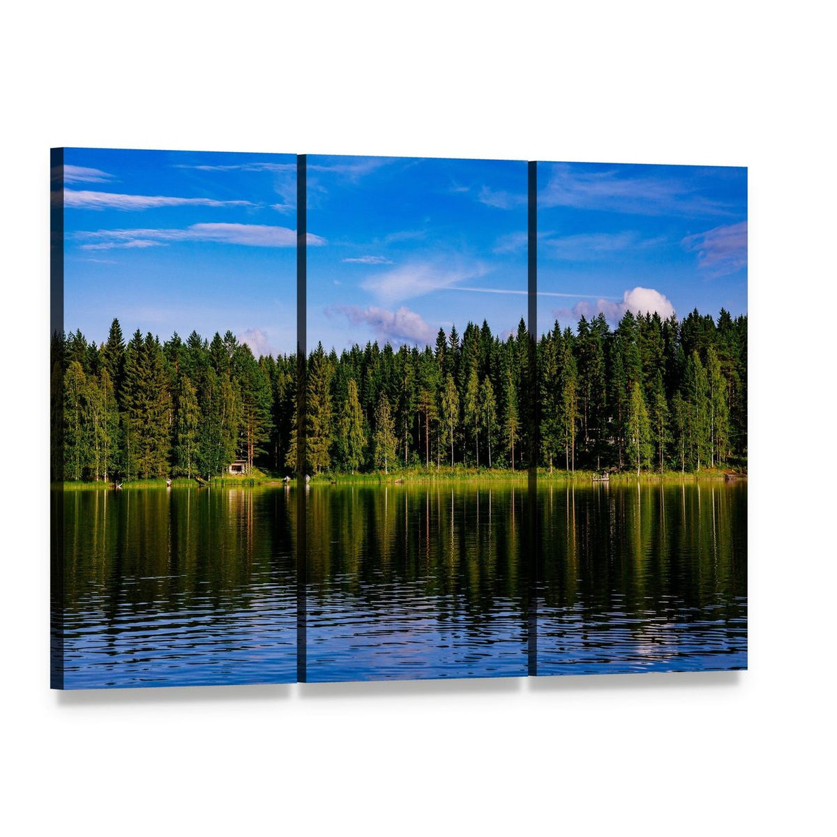 Blue Lake and Shore Cabin Canvas Wall Art, 3 panel 3 Horizontal layout gallery wrapped canvas set, angled product view