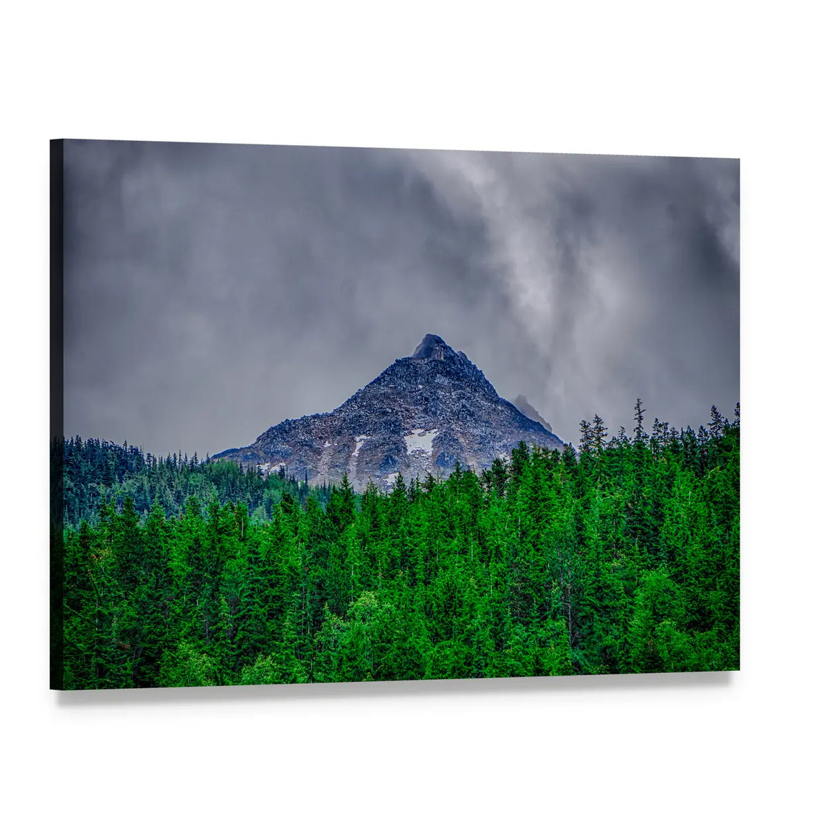 Rocky Mountain Peak and Evergreen Forest Canvas Wall Art, single panel gallery wrapped canvas, angled product view