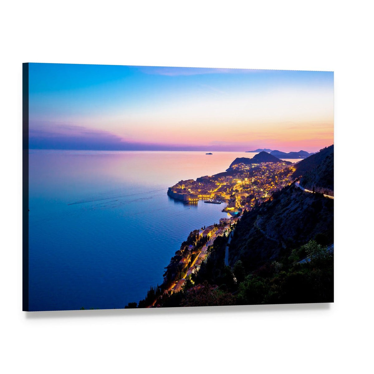 Dubrovnik Sunset Over Coastal City Canvas Wall Art, single panel gallery wrapped canvas, angled product view