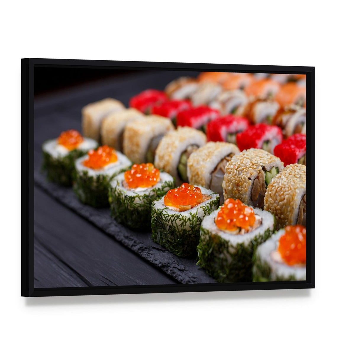 Sushi Rolls in Japanese Restaurant Canvas Wall Art, framed canvas in a black floater frame, angled product view