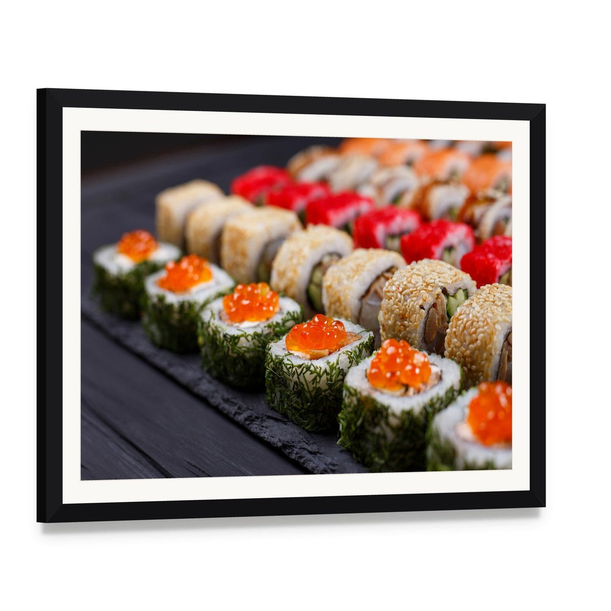 Sushi Rolls in Japanese Restaurant Canvas Wall Art, framed print with white mat and black frame, angled product view