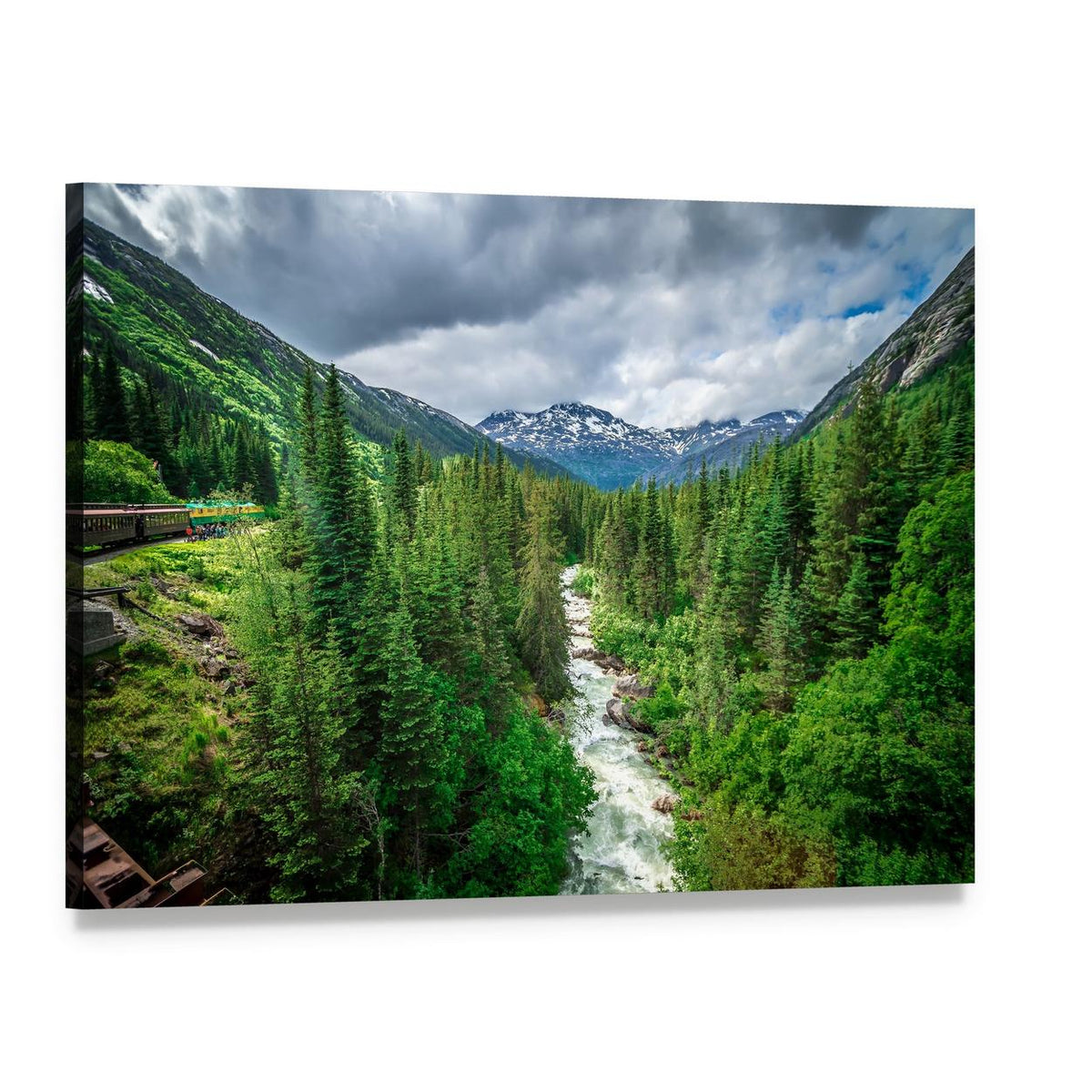 Deep Forest Beneath Snow-capped Mountains with Train Track Canvas Wall Art, single panel gallery wrapped canvas, angled product view