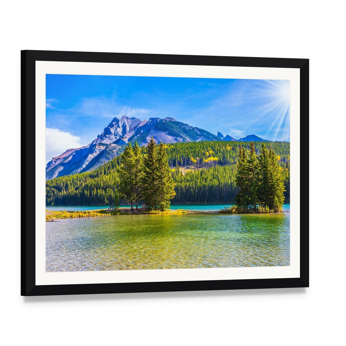 Two Jack Lake, Rocky Mountains Canvas Wall Art, framed print with white mat and black frame, angled product view