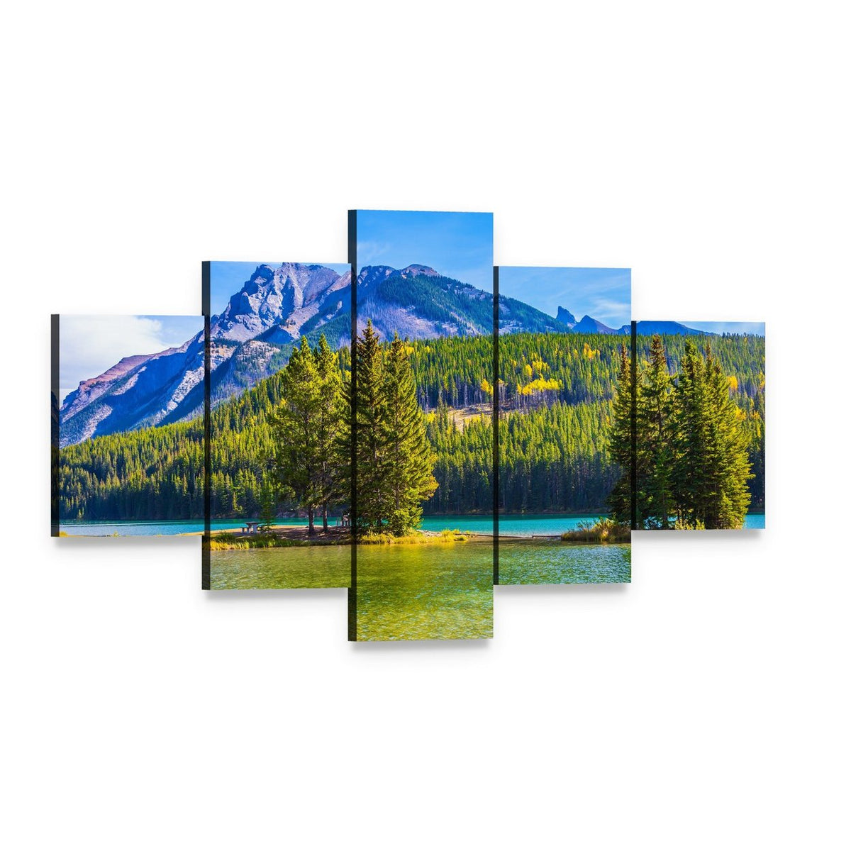 Two Jack Lake, Rocky Mountains Canvas Wall Art, 5 panel 5 Star layout gallery wrapped canvas set, angled product view