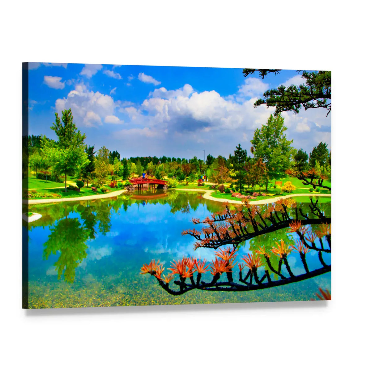 Red Bridge and Reflections in Japanese Garden Canvas Wall Art, single panel gallery wrapped canvas, angled product view