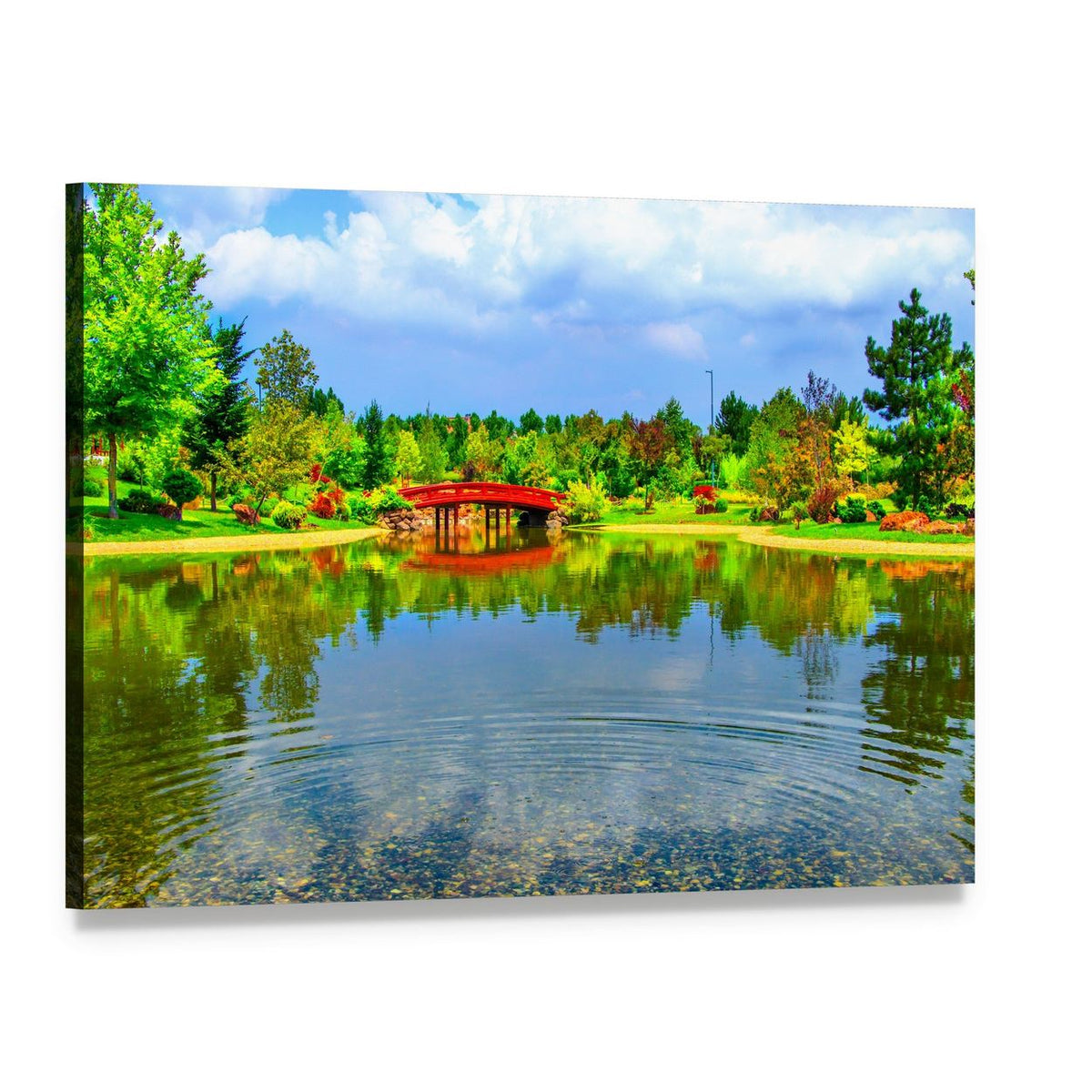 Japanese Garden with Red Arched Bridge Canvas Wall Art, single panel gallery wrapped canvas, angled product view