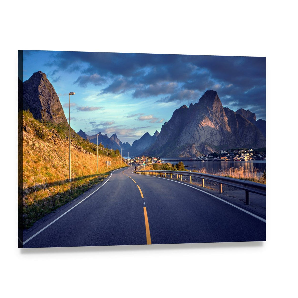 Road by the Sea in Lofoten Canvas Wall Art, single panel gallery wrapped canvas, angled product view