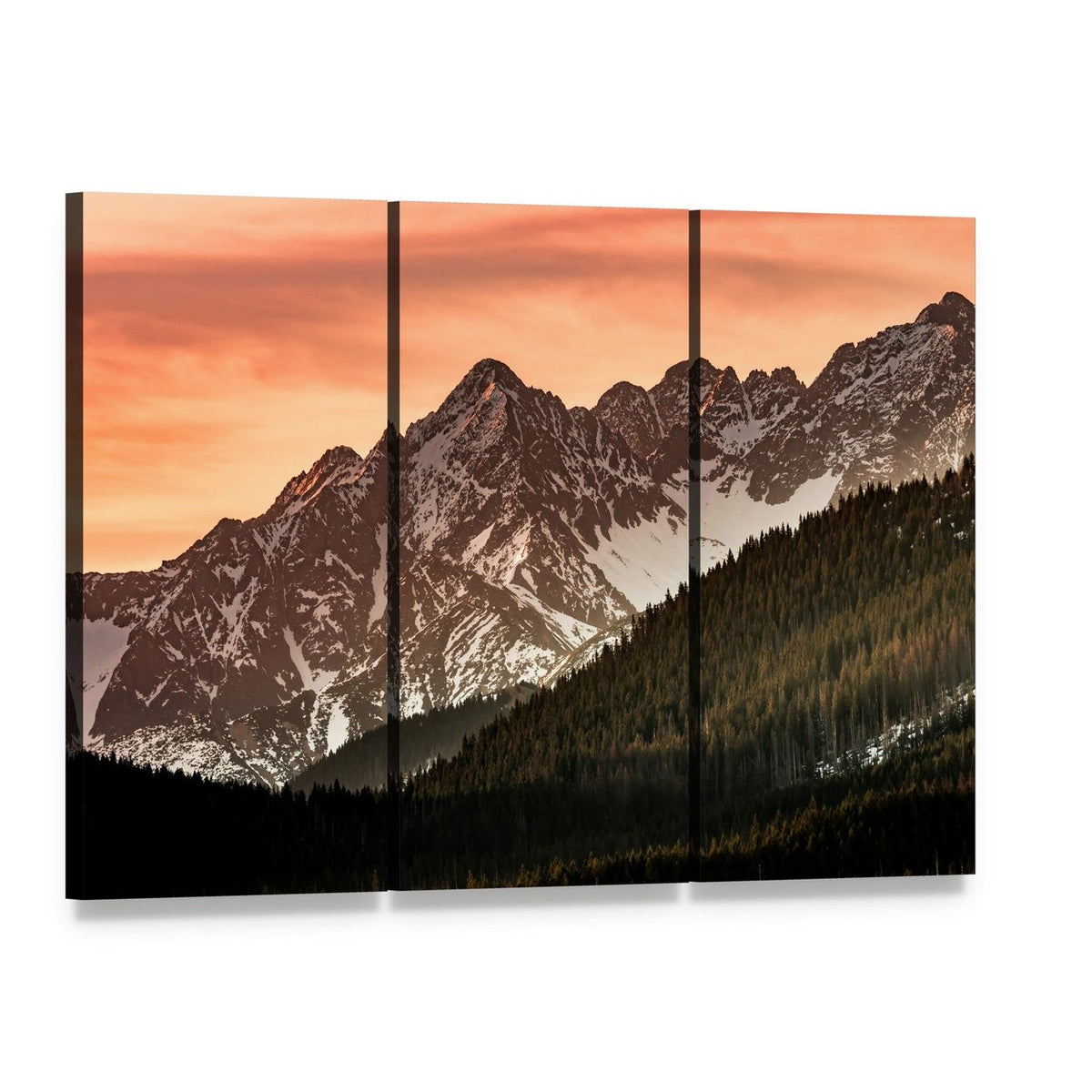 Tatra Mountains Sunset Over Pine Forest Canvas Wall Art, 3 panel 3 Horizontal layout gallery wrapped canvas set, angled product view