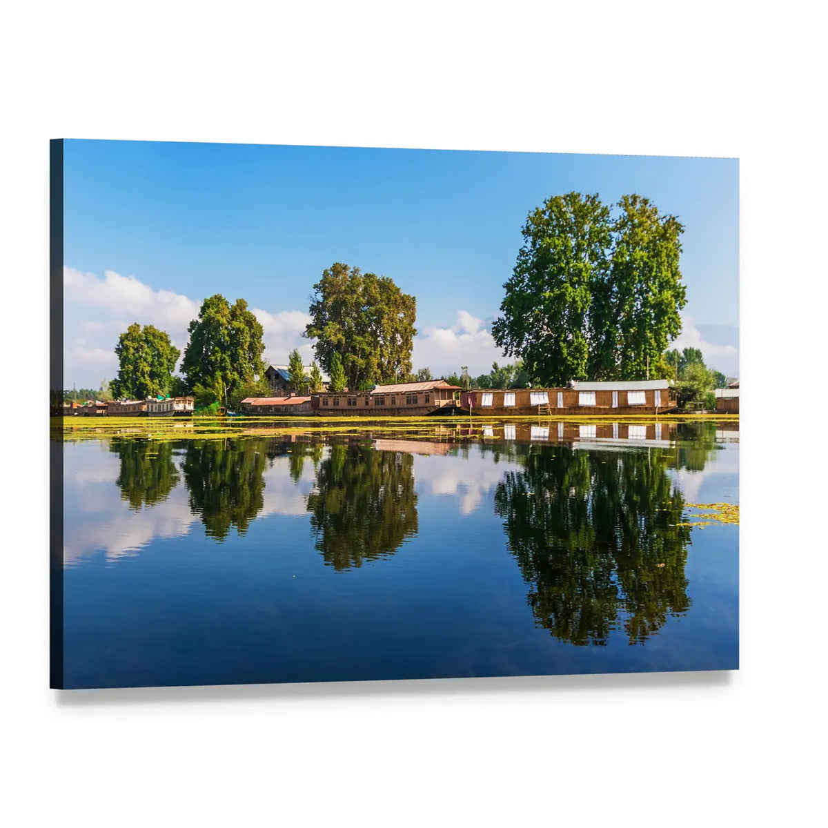 Houseboats on Reflective Lake Canvas Wall Art, single panel gallery wrapped canvas, angled product view