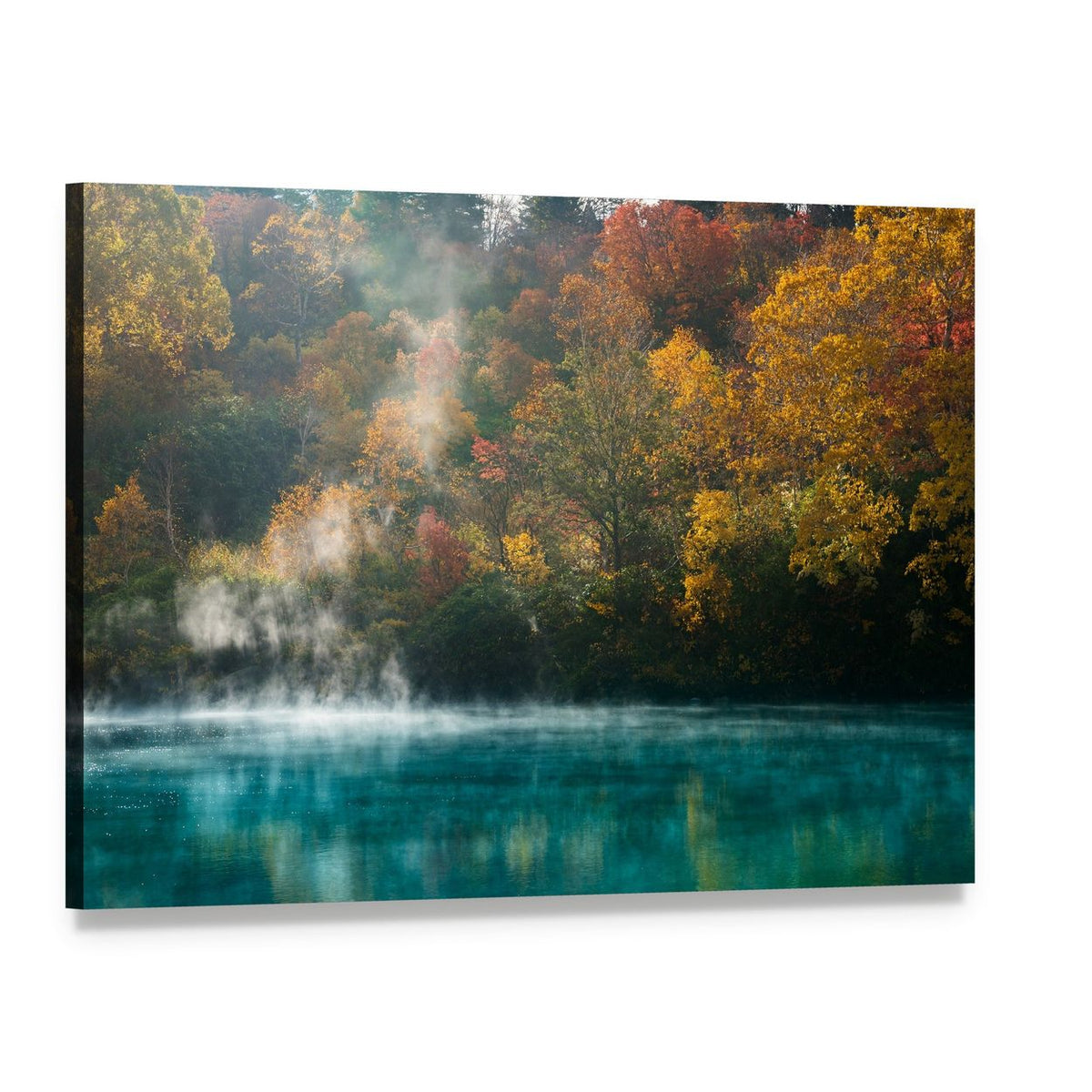 Autumn Forest at Onsen Lake Canvas Wall Art, single panel gallery wrapped canvas, angled product view