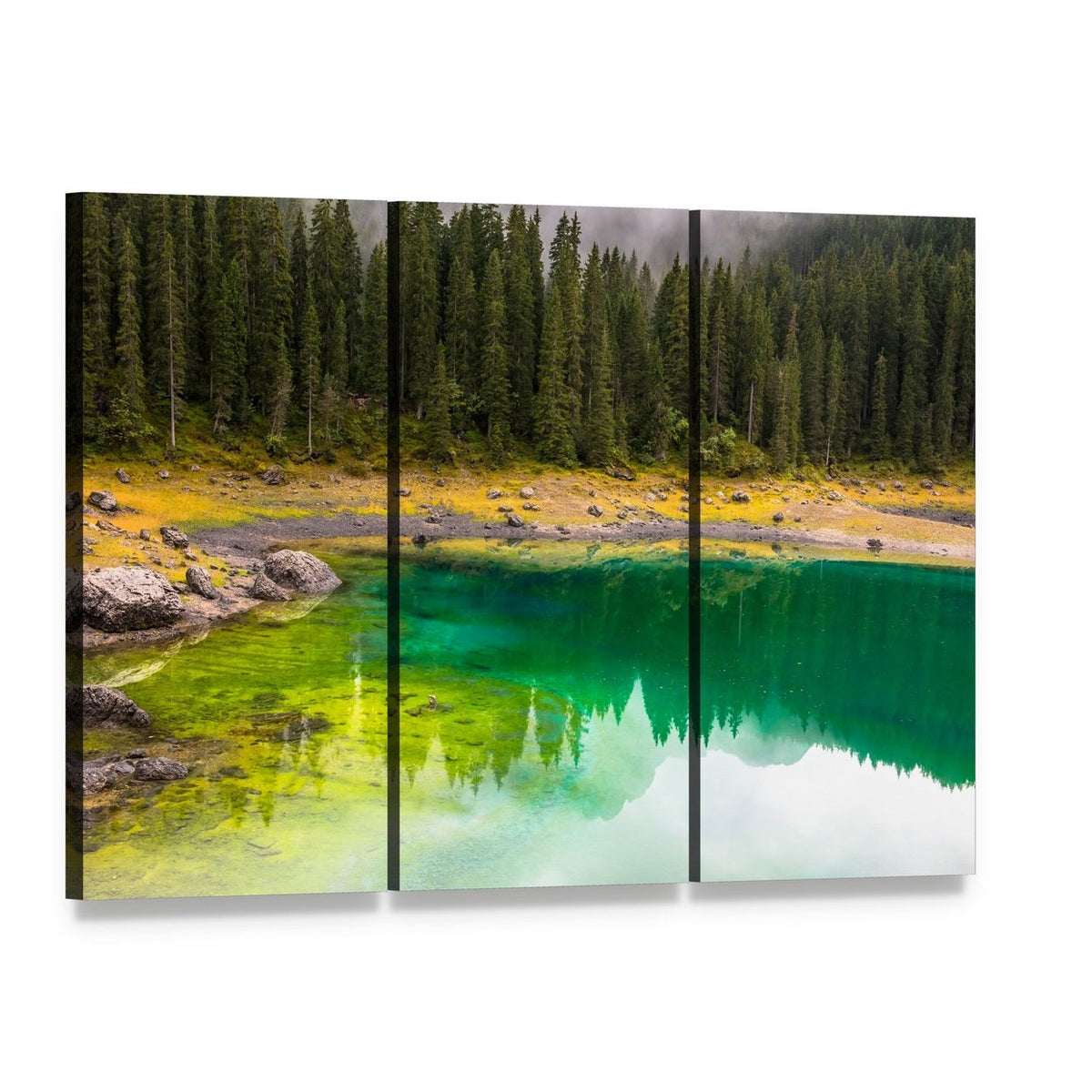 Carezza Lake Reflection Canvas Wall Art, 3 panel 3 Horizontal layout gallery wrapped canvas set, angled product view