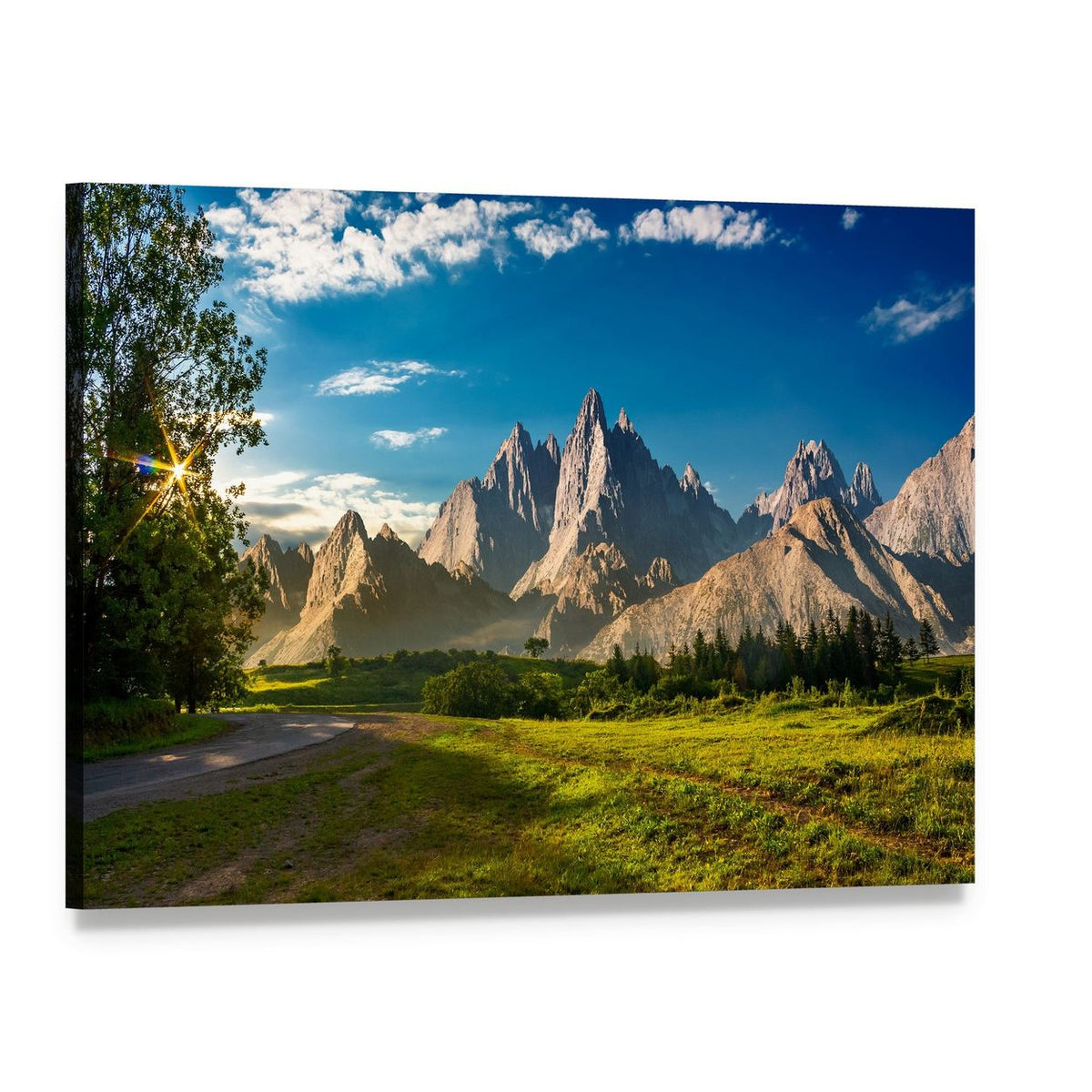 Rocky Peaks at Sunset Canvas Wall Art, single panel gallery wrapped canvas, angled product view