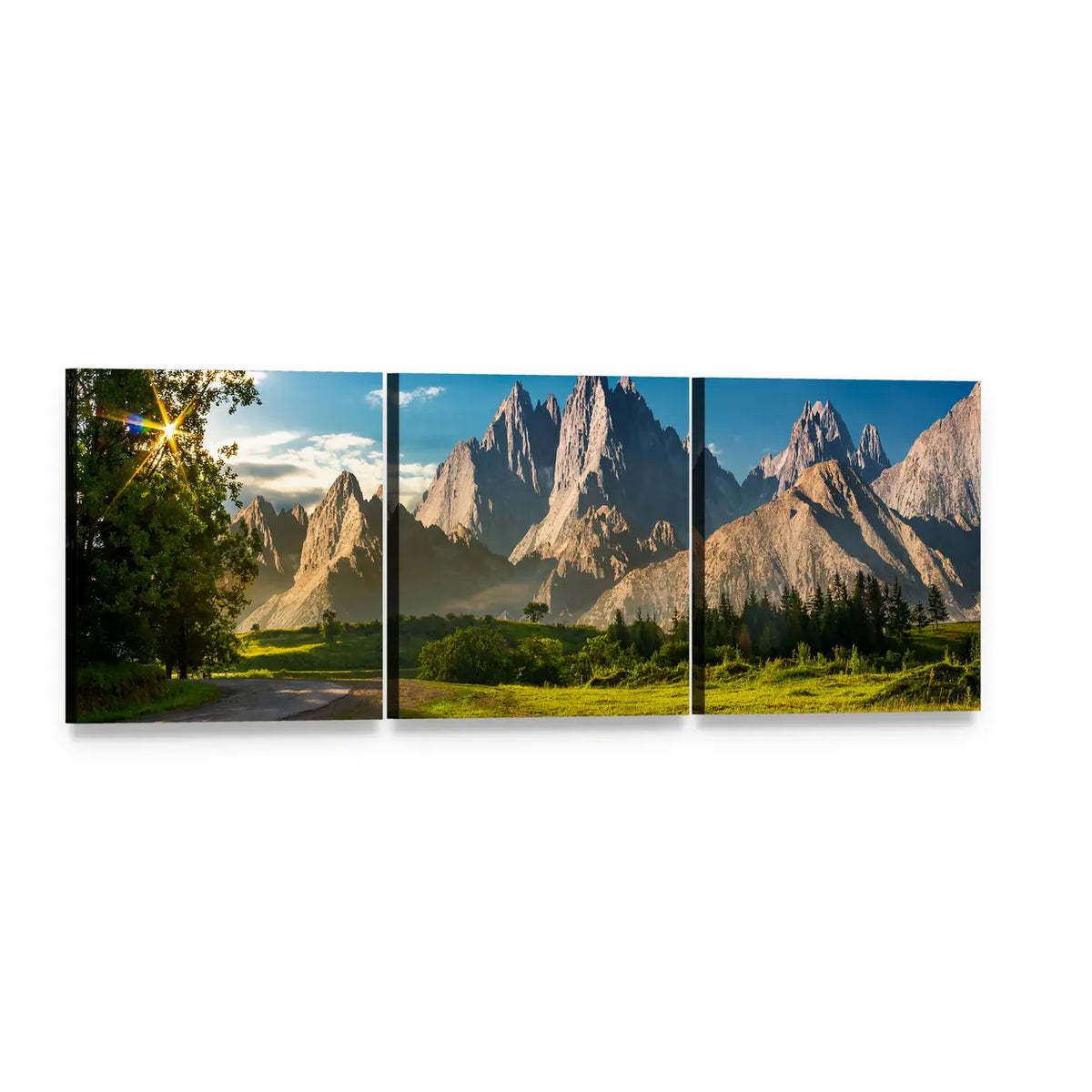 Rocky Peaks at Sunset Panoramic Canvas Wall Art, 3 panel 3 Piece layout gallery wrapped canvas set, angled product view
