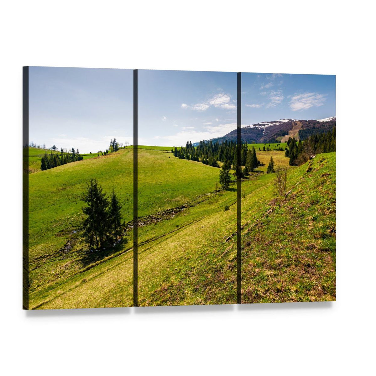 Spring Mountain Ridge with Snow Peaks Canvas Wall Art, 3 panel 3 Horizontal layout gallery wrapped canvas set, angled product view