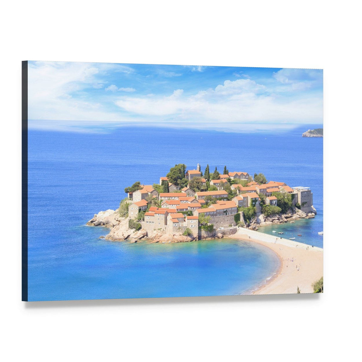 Island Village on Sandy Beach Canvas Wall Art, single panel gallery wrapped canvas, angled product view