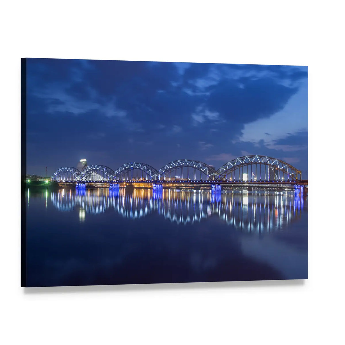 Illuminated Rail Bridge Reflections Canvas Wall Art, single panel gallery wrapped canvas, angled product view
