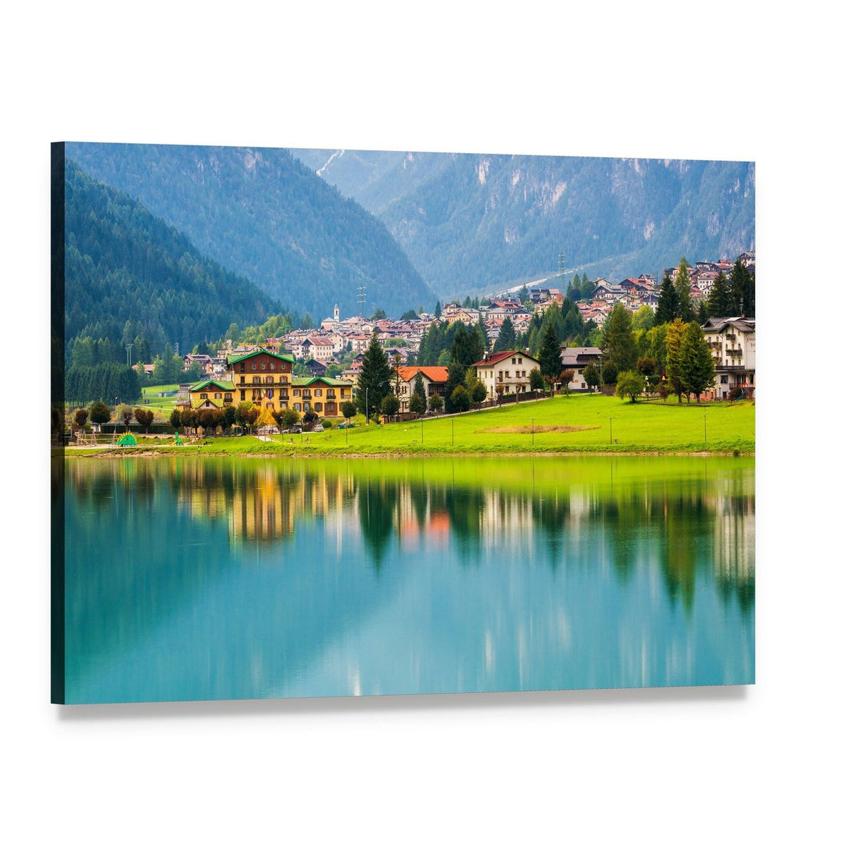 Mountain Village at Lake Auronzo Canvas Wall Art, single panel gallery wrapped canvas, angled product view